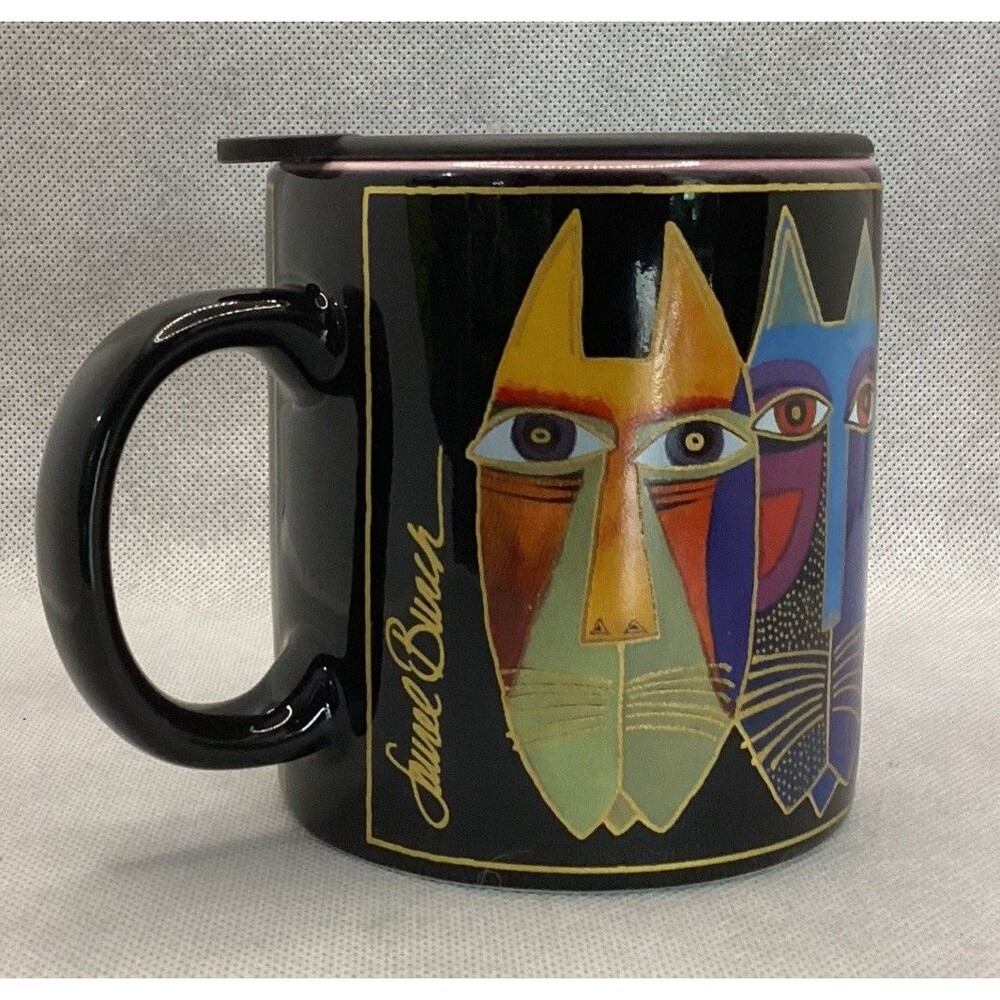 Laurel Burch Cat Faces Coffee Mug Black Colorful Artistic Design Vintage Style